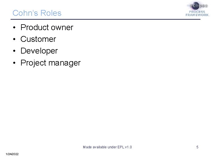 Cohn’s Roles • • Product owner Customer Developer Project manager Made available under EPL Cohn’s Roles • • Product owner Customer Developer Project manager Made available under EPL