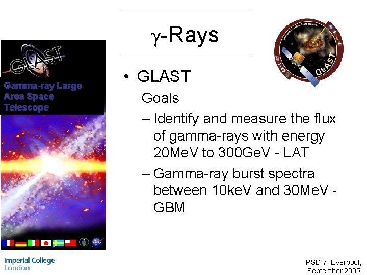 γ-Rays Gamma-ray Large Area Space Telescope • GLAST Goals – Identify and measure the