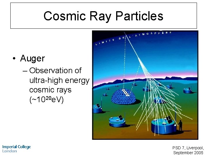 Cosmic Ray Particles • Auger – Observation of ultra-high energy cosmic rays (~1020 e.