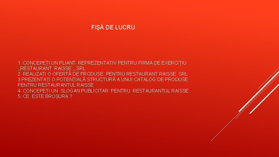 FiȘĂ DE LUCRU 1. CONCEPEȚI UN PLIANT REPREZENTATIV PENTRU FIRMA DE EXERCIȚIU , ,