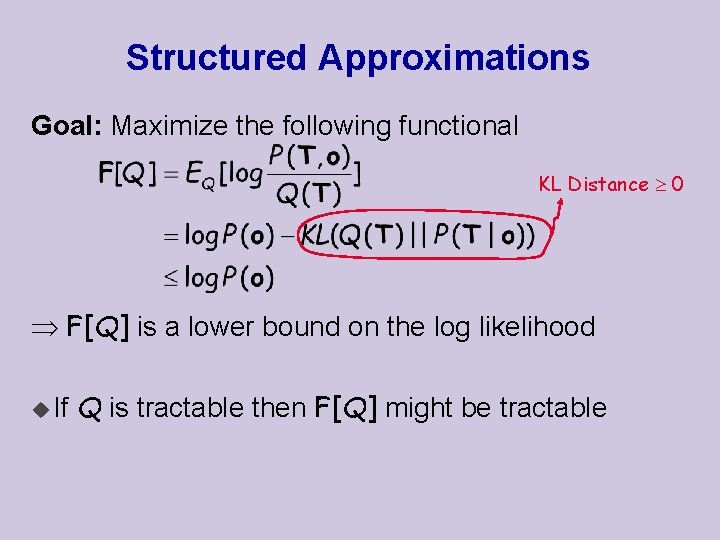 Structured Approximations Goal: Maximize the following functional KL Distance 0 F[Q] is a lower