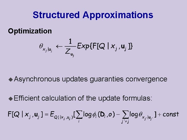 Structured Approximations Optimization u Asynchronous u Efficient updates guaranties convergence calculation of the update