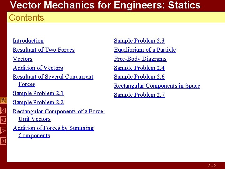 Vector Mechanics for Engineers: Statics Contents Introduction Resultant of Two Forces Vectors Addition of