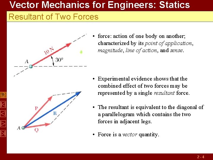 Vector Mechanics for Engineers: Statics Resultant of Two Forces • force: action of one