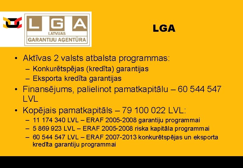 LGA • Aktīvas 2 valsts atbalsta programmas: – Konkurētspējas (kredīta) garantijas – Eksporta kredīta