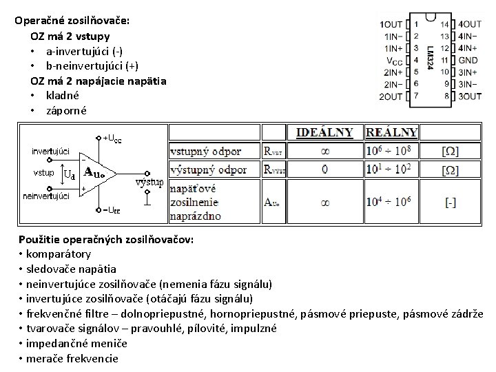 Operačné zosilňovače: OZ má 2 vstupy • a-invertujúci (-) • b-neinvertujúci (+) OZ má