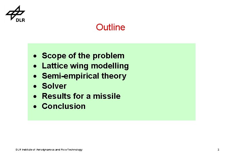 Outline · · · Scope of the problem Lattice wing modelling Semi-empirical theory Solver Outline · · · Scope of the problem Lattice wing modelling Semi-empirical theory Solver