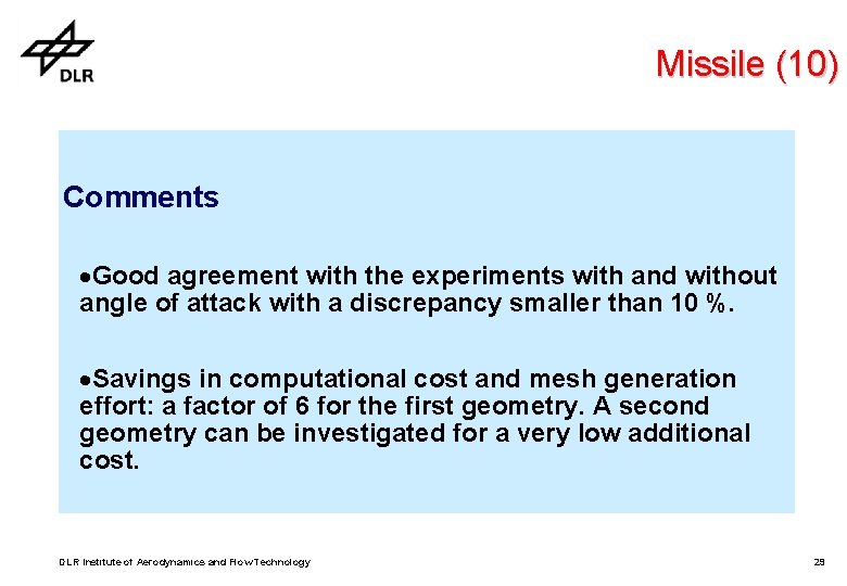 Missile (10) Comments ·Good agreement with the experiments with and without angle of attack Missile (10) Comments ·Good agreement with the experiments with and without angle of attack