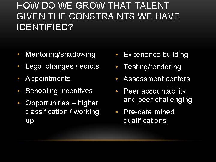 HOW DO WE GROW THAT TALENT GIVEN THE CONSTRAINTS WE HAVE IDENTIFIED? • Mentoring/shadowing