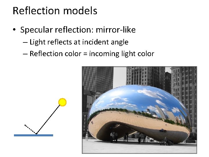 Reflection models • Specular reflection: mirror-like – Light reflects at incident angle – Reflection