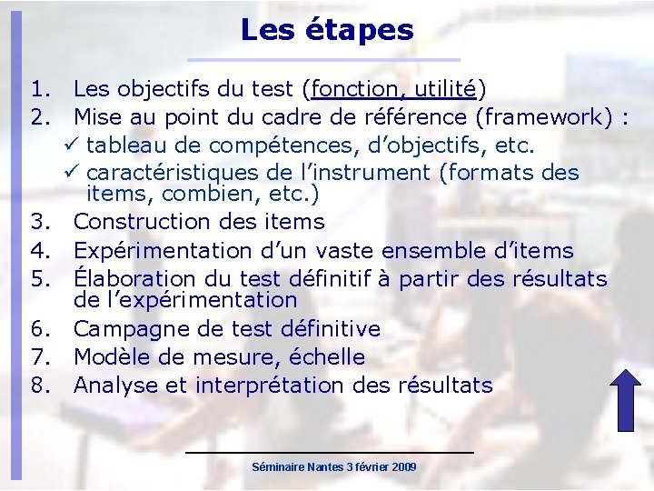 Les étapes 1. Les objectifs du test (fonction, utilité) 2. Mise au point du