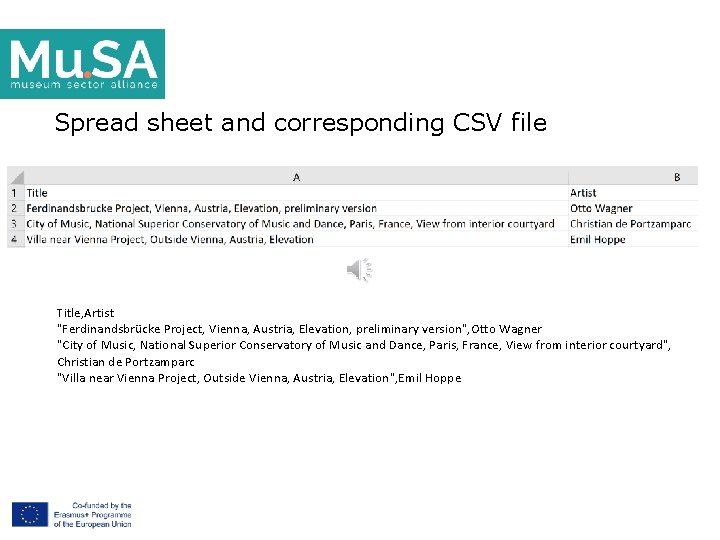 Spread sheet and corresponding CSV file Title, Artist "Ferdinandsbrücke Project, Vienna, Austria, Elevation, preliminary