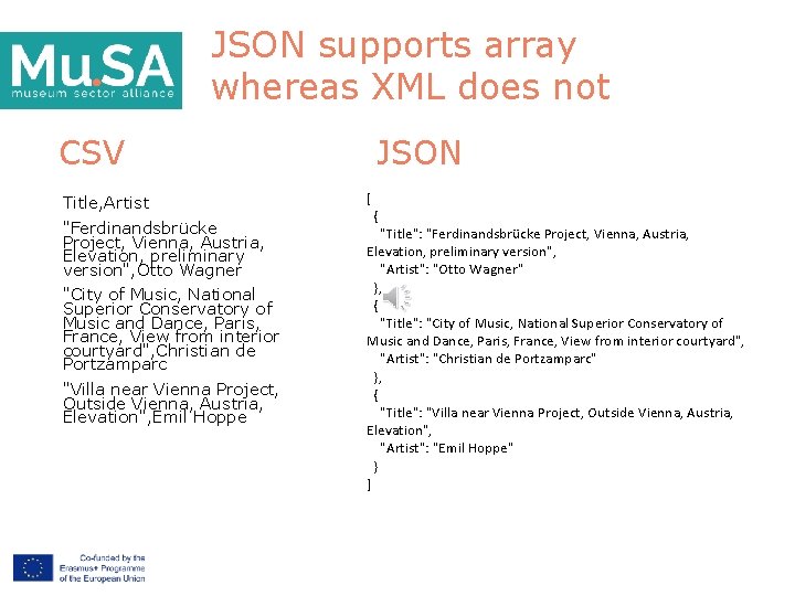 JSON supports array whereas XML does not CSV JSON Title, Artist [ "Ferdinandsbrücke Project,