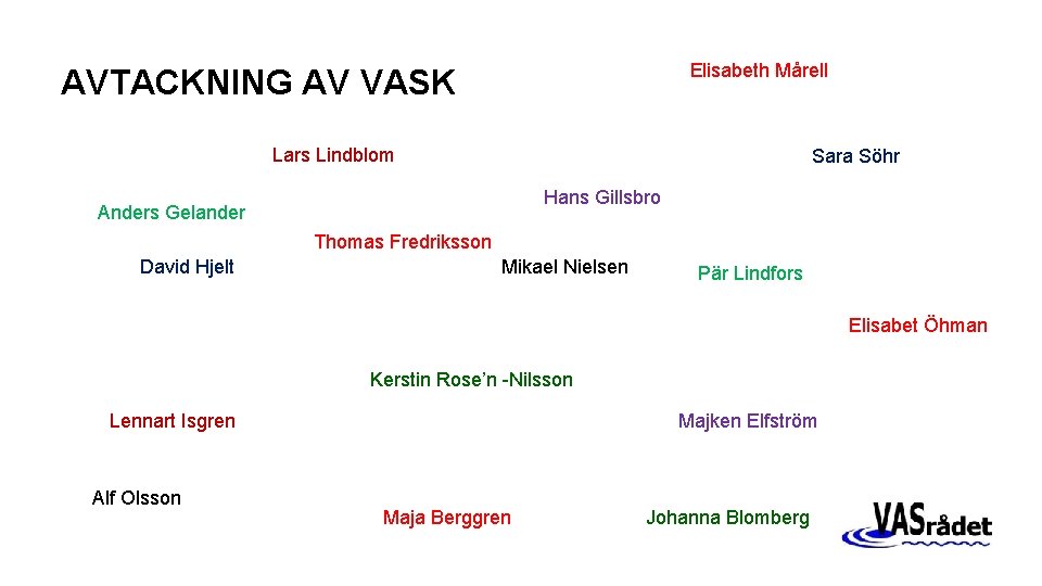 Elisabeth Mårell AVTACKNING AV VASK Lars Lindblom Sara Söhr Hans Gillsbro Anders Gelander Thomas