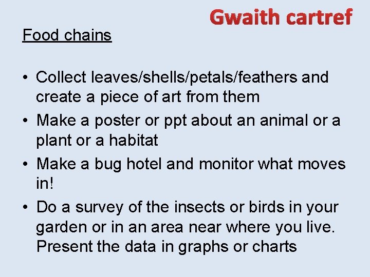 Food chains Gwaith cartref • Collect leaves/shells/petals/feathers and create a piece of art from