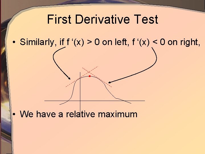 First Derivative Test • Similarly, if f ‘(x) > 0 on left, f ‘(x)