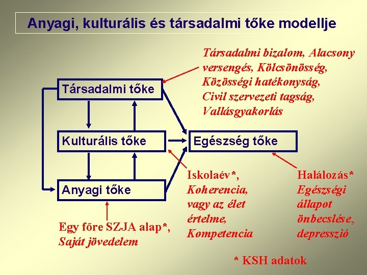 Anyagi, kulturális és társadalmi tőke modellje Társadalmi tőke Kulturális tőke Anyagi tőke Egy főre