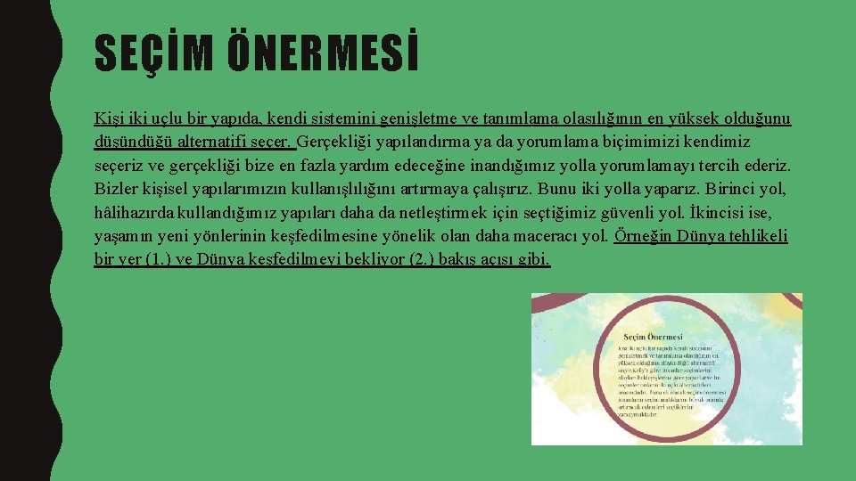 SEÇİM ÖNERMESİ Kişi iki uçlu bir yapıda, kendi sistemini genişletme ve tanımlama olasılığının en