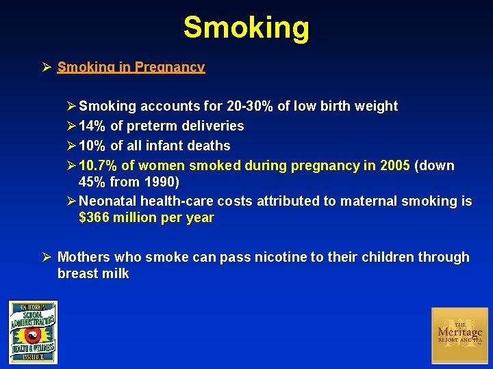 Smoking Ø Smoking in Pregnancy Ø Smoking accounts for 20 -30% of low birth