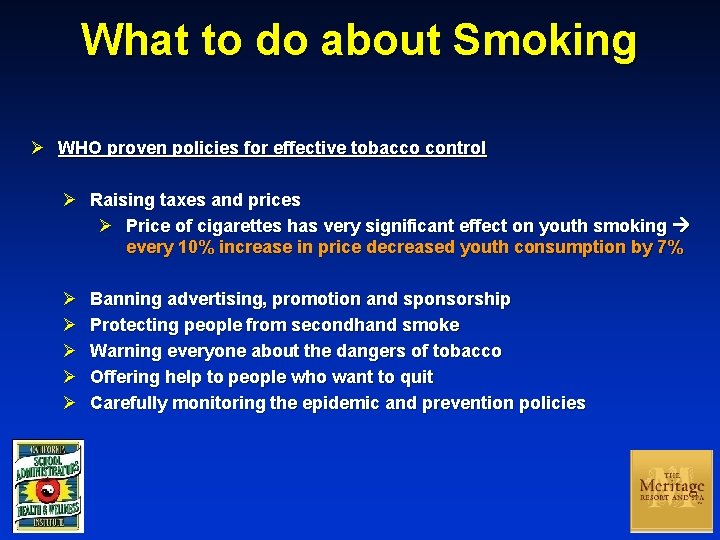 What to do about Smoking Ø WHO proven policies for effective tobacco control Ø