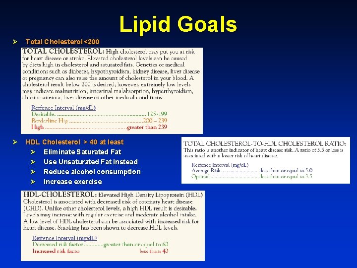 Lipid Goals Ø Total Cholesterol <200 Ø HDL Cholesterol > 40 at least Ø