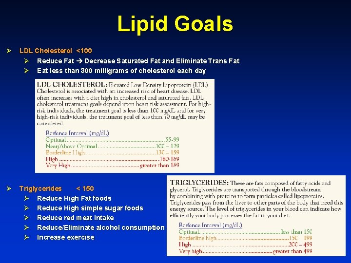 Lipid Goals Ø LDL Cholesterol <100 Ø Reduce Fat Decrease Saturated Fat and Eliminate