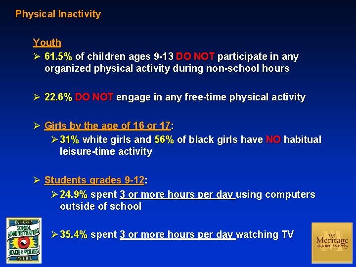 Physical Inactivity Youth Ø 61. 5% of children ages 9 -13 DO NOT participate