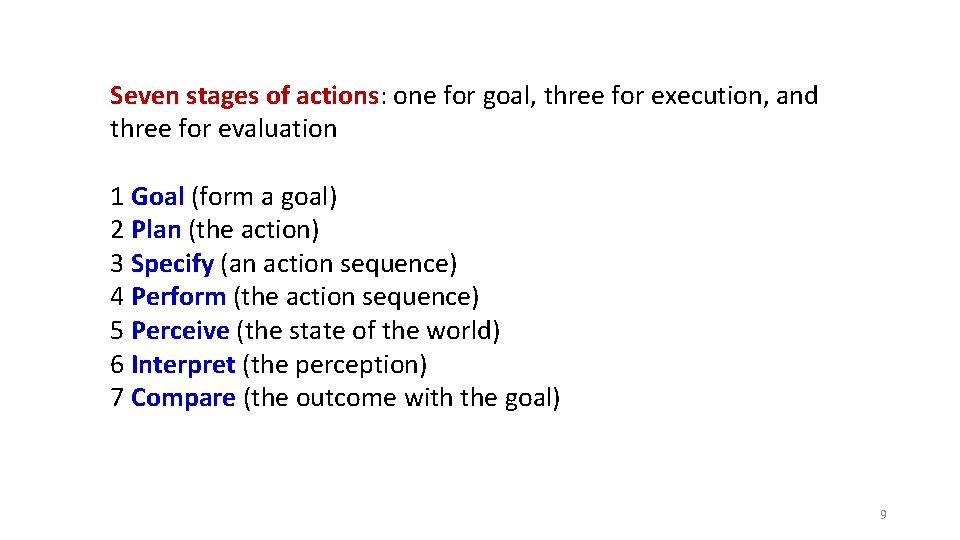 Seven stages of actions: one for goal, three for execution, and three for evaluation