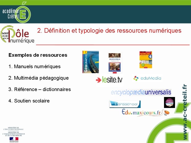 2. Définition et typologie des ressources numériques Exemples de ressources 1. Manuels numériques 2.