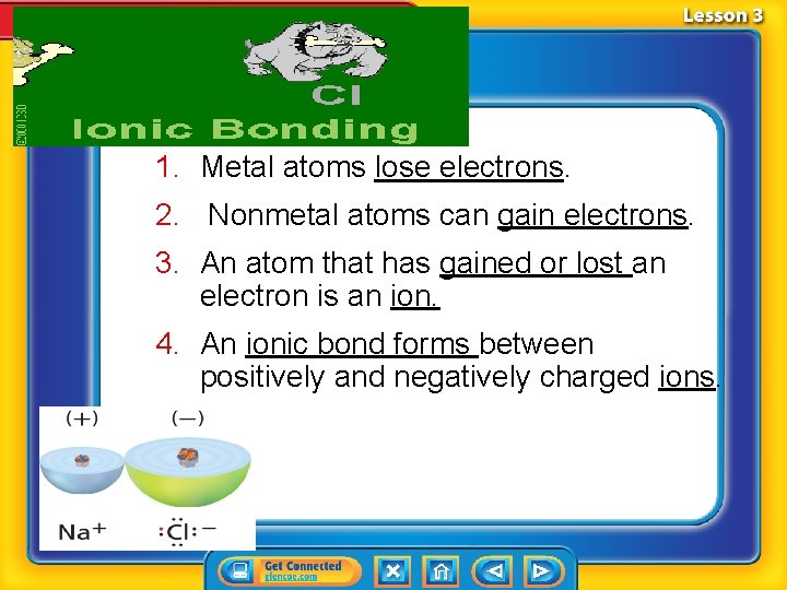 1. Metal atoms lose electrons. 2. Nonmetal atoms can gain electrons. 3. An atom