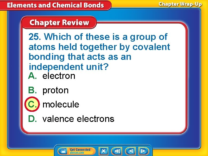 25. Which of these is a group of atoms held together by covalent bonding