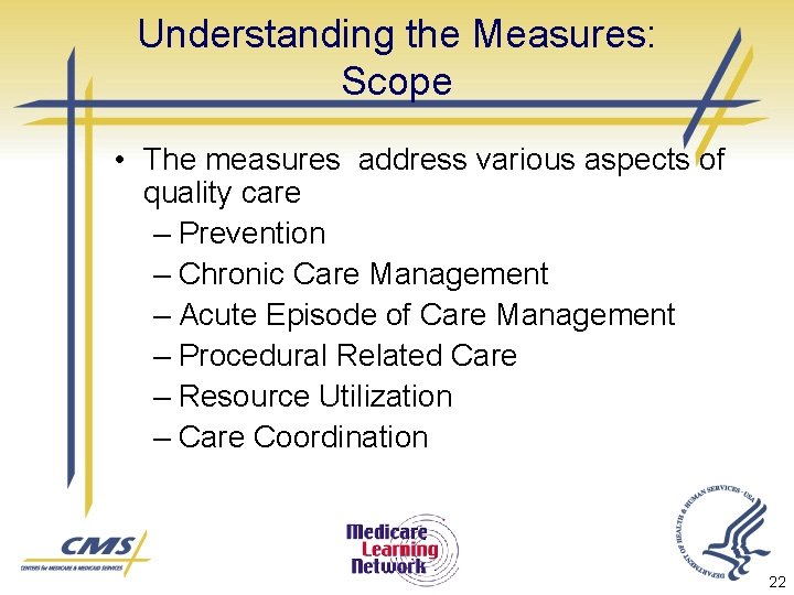 Understanding the Measures: Scope • The measures address various aspects of quality care –