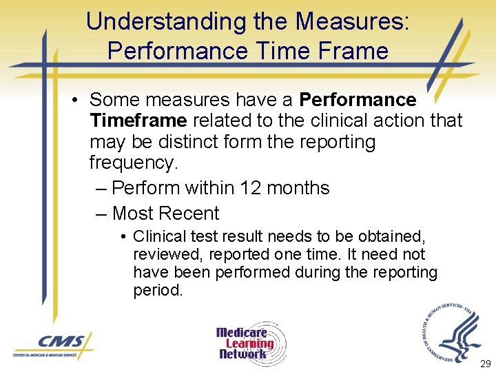 Understanding the Measures: Performance Time Frame • Some measures have a Performance Timeframe related