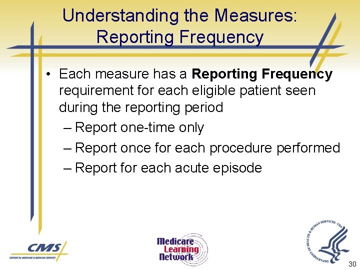 Understanding the Measures: Reporting Frequency • Each measure has a Reporting Frequency requirement for