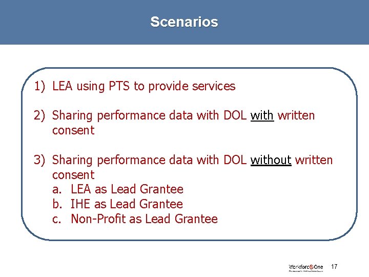 Scenarios 1) LEA using PTS to provide services 2) Sharing performance data with DOL