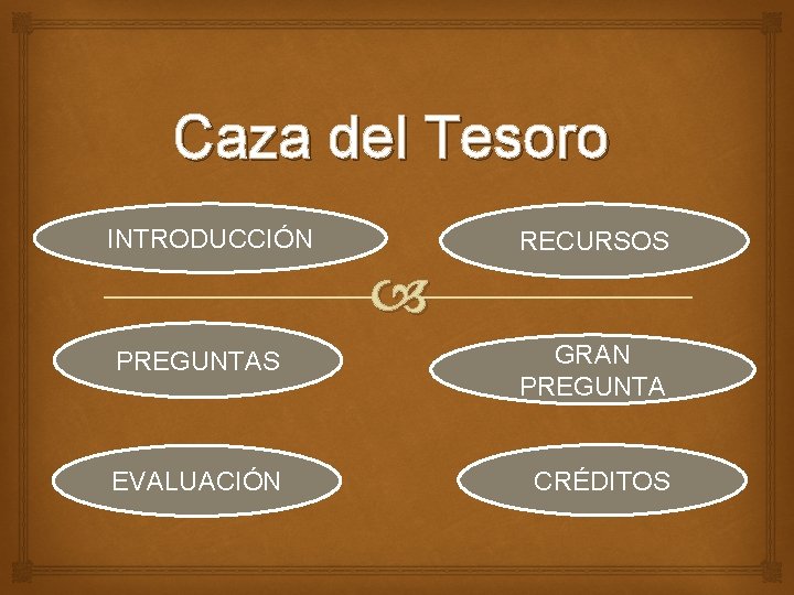 Caza del Tesoro INTRODUCCIÓN RECURSOS PREGUNTAS GRAN PREGUNTA EVALUACIÓN CRÉDITOS 