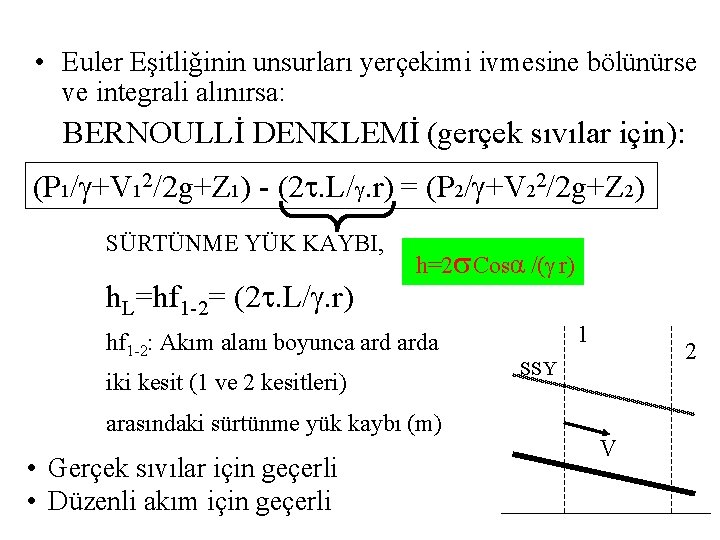  • Euler Eşitliğinin unsurları yerçekimi ivmesine bölünürse ve integrali alınırsa: BERNOULLİ DENKLEMİ (gerçek