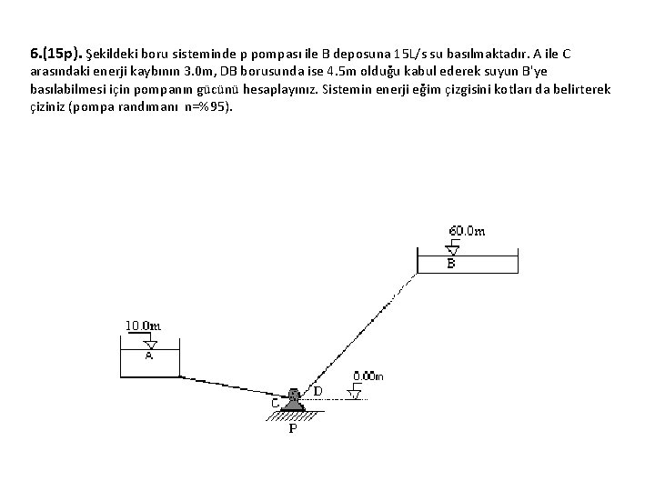 6. (15 p). Şekildeki boru sisteminde p pompası ile B deposuna 15 L/s su