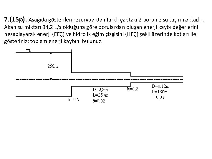 7. (15 p). Aşağıda gösterilen rezervuardan farklı çaptaki 2 boru ile su taşınmaktadır. Akan