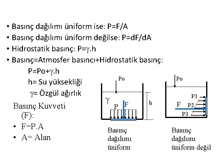  • Basınç dağılımı üniform ise: P=F/A • Basınç dağılımı üniform değilse: P=d. F/d.