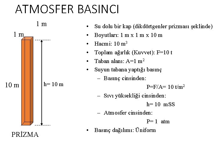 ATMOSFER BASINCI 1 m 1 m 10 m PRİZMA h= 10 m • •
