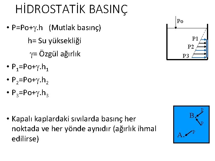 HİDROSTATİK BASINÇ • P=Po+. h (Mutlak basınç) Po h= Su yüksekliği P 1 P