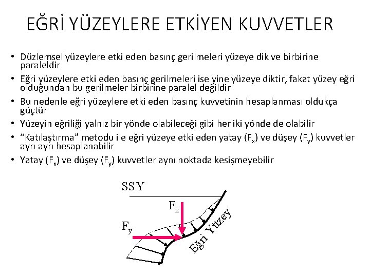 EĞRİ YÜZEYLERE ETKİYEN KUVVETLER • Düzlemsel yüzeylere etki eden basınç gerilmeleri yüzeye dik ve