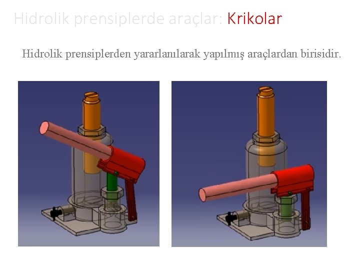 Hidrolik prensiplerde araçlar: Krikolar Hidrolik prensiplerden yararlanılarak yapılmış araçlardan birisidir. 