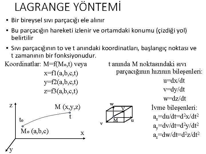 LAGRANGE YÖNTEMİ • Bir bireysel sıvı parçacığı ele alınır • Bu parçacığın hareketi izlenir