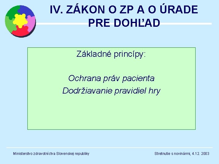 IV. ZÁKON O ZP A O ÚRADE PRE DOHĽAD Základné princípy: Ochrana práv pacienta