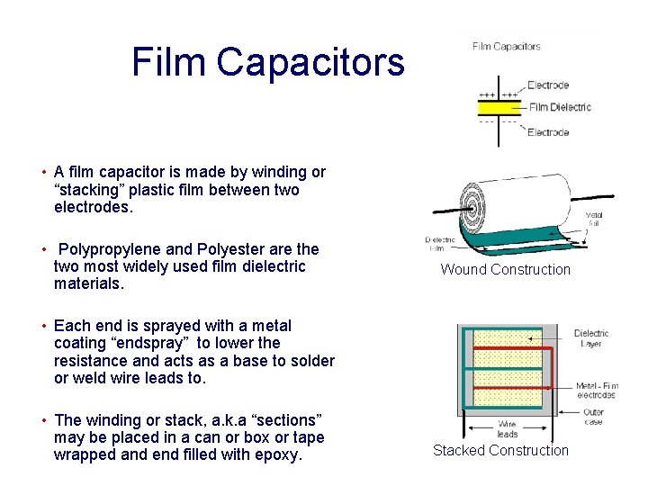 Film Capacitors • A film capacitor is made by winding or “stacking” plastic film