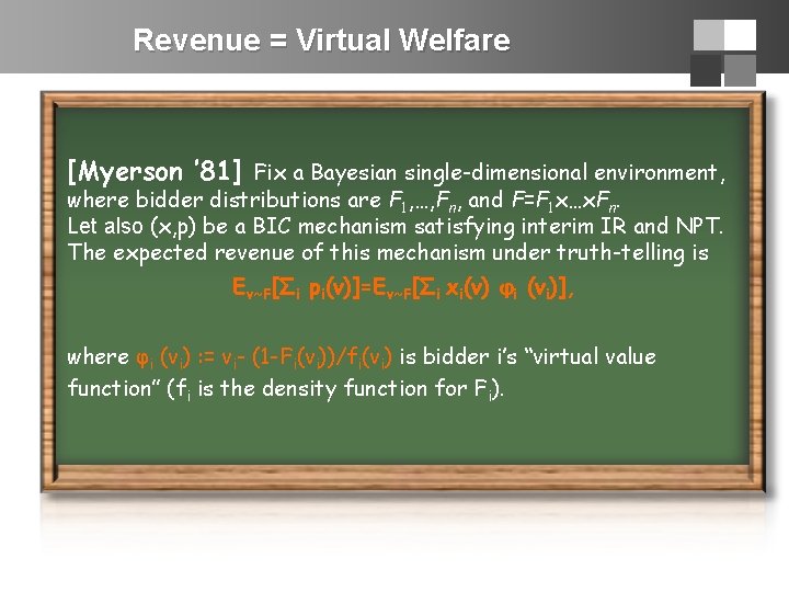 Revenue = Virtual Welfare [Myerson ’ 81] Fix a Bayesian single-dimensional environment, where bidder