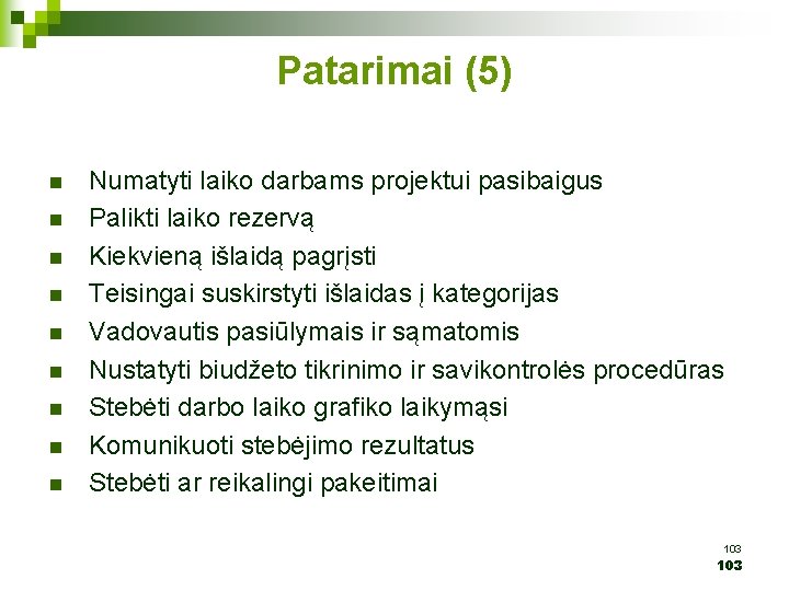 Patarimai (5) n n n n n Numatyti laiko darbams projektui pasibaigus Palikti laiko