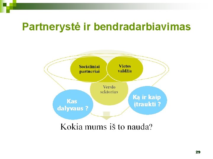 Partnerystė ir bendradarbiavimas Kas dalyvaus ? Ką ir kaip įtraukti ? 29 